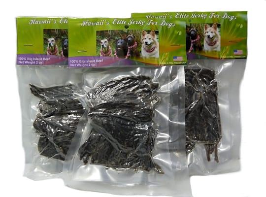 Beef jerky for dogs.  This jerky begins with extra lean 100 % Big Island Beef. There are no additives, salt, or preservatives.