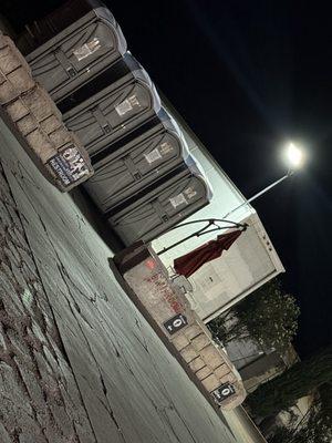 Bathrooms are outside? You have to show your receipt or pay $1 to use portable bathrooms.