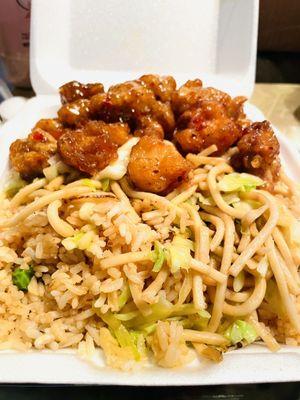 Orange Chicken with fried rice & chow mein for under $8.