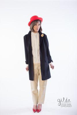 Moschino duster, leather pants, vintage ruffle blouse
