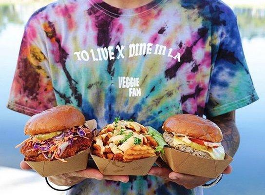 Vegan Hot Fried Chicken Sandwich, Cheese Waffle Fries, Impossible Cheese Burger