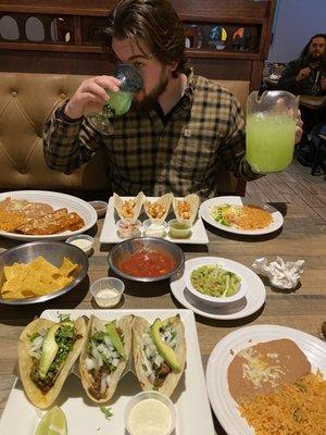 Steak tacos, shrimp tacos, enchiladas, margarita pitcher, fresh tortilla chips and salsa, Mexican ranch dip