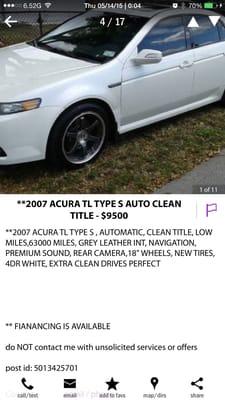 Bobbie Sera's "for sale" ad on Craigslist; notice the mileage.