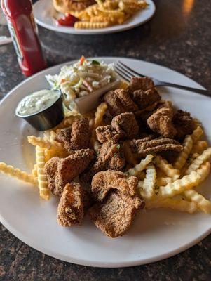 Catfish nuggets ordered extra crispy, catfish on the inside was still soft, fries, coleslaw and like $15 I think it was. Very good