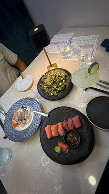 Sashimi, Shishitto Peppers and Ceviche plus cocktails.