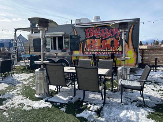 Food truck, seating and heater