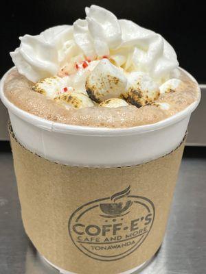 Peppermint hot chocolate, complete with candy cane bits, whipped cream and TOASTED MARSHMALLOWS!!!