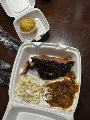Brisket belly buster combo; brisket, coleslaw, bbq beans and corn muffin