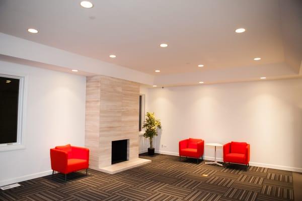 The Hub's modern & contemporary decor comes complete with two floor-to-ceiling limestone fireplaces for those cozy winter days.