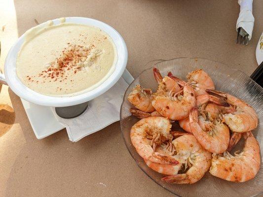 Cream of crab soup and large spiced steamed shrimp