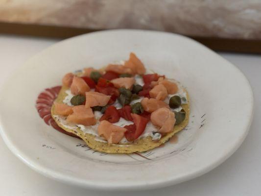 Cold smoked salmon, tzatziki sauce, grape tomatoes, and capers, all from Mango tree supermarket.