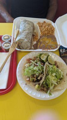Carne Asada Burrito Plate $12.99, beans rice fill Styro $3.75 tacos Al Pastor & Pollo Asada just 1 tortilla :/ but lotsa meat. 1-31-24