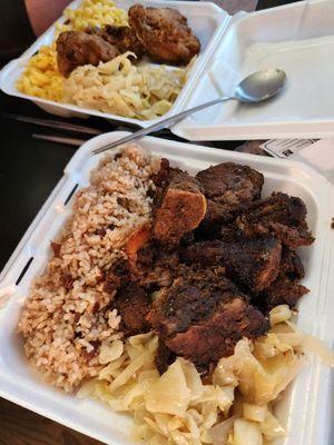 Jerk Pork & Fried Chicken with yummy sides