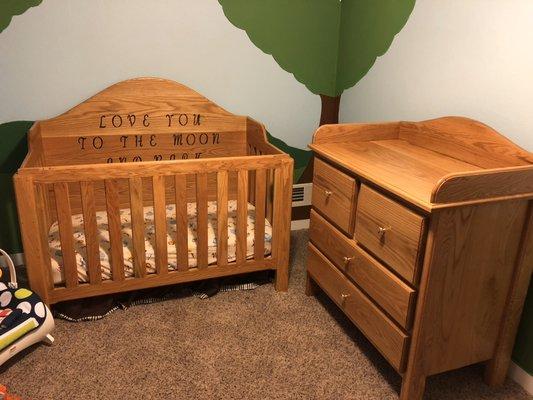 Solid oak baby bed and changing table