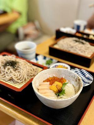 Uni, ikura and hotate don with zaru soba
