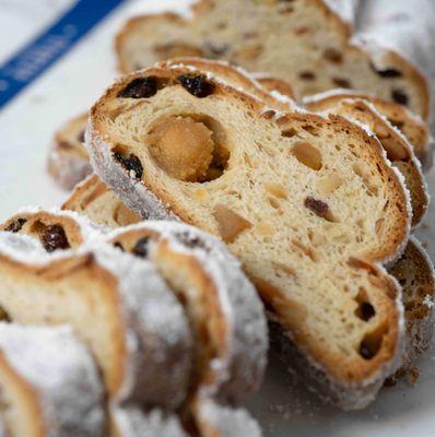 Our Stollen holiday bread makes winter mornings festive. Shown here in our large size--preorder by 12/19 at 12pm PT for pick-up on 12/24.