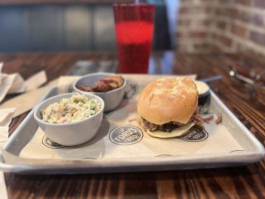 Brisket Chopped Sandwich; cole slaw; and plantains.