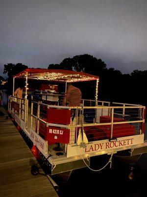 Padded seats at the back. Docked in Rocketts Landing between The Boathouse and Island Shrimp Co