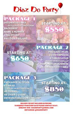 Event Decoration Packages, Table & chair rentals, Balloon Garlands, Centerpieces, Dessert Station Backdrops, Marquee Letter Rentals & More!