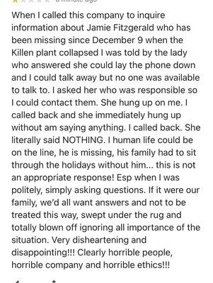 The lady behind the desk was so rude when trying to inquire about Jamie Fitzgerald(still missing!!!!). Pic shows conversation.