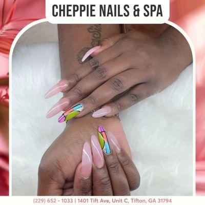Don't be afraid to show off your style with a glamorous long nail set.
Visit Cheppie Nails & Spa for top-notch service!