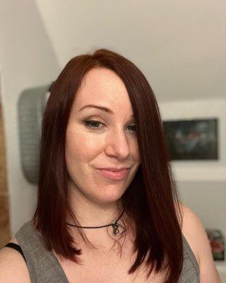 Asymmetrical lob by Linda at Expressions Salon after I straightened it at home.