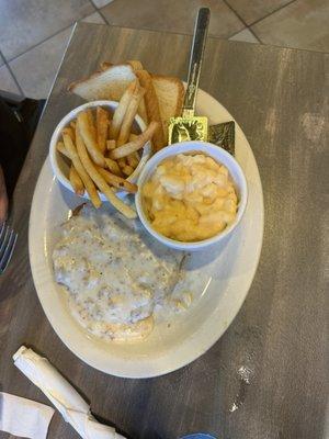 Country fried steak (small portion) mac and cheese and fries