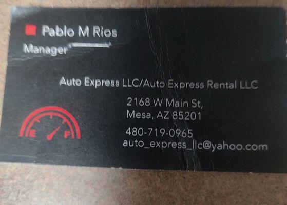 This is his card I wish I had never found this business. I loved my 5,000 $ car because I can't afford another and that's what it's going to