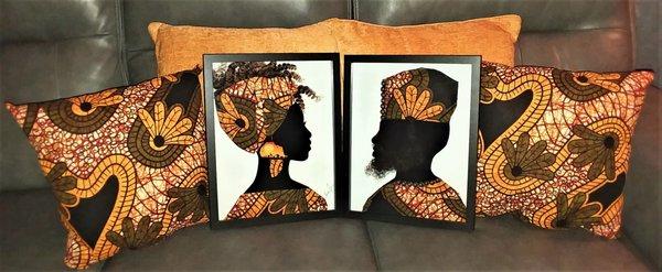 3D culturally inspired African King & Queen Wall decor with matching pillows. Ankara wax cloth
18x18 pillows
11x17 frame