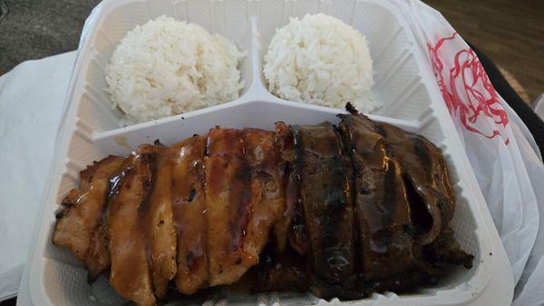 Chicken & beef teriyaki combo to go.