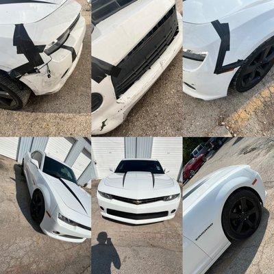 Before and after on this 2015 Chevy Camaro like nothing ever happened 
Hablamos español