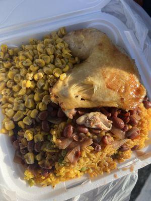 Leg quarter, yellow rice, red beans, corn