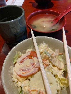 Starting out with salad and miso soup for lunch