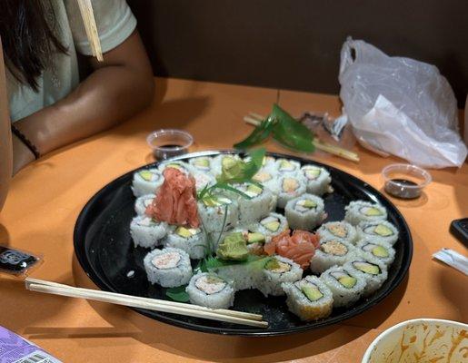 Actual sushi party tray. Should sau California rolls