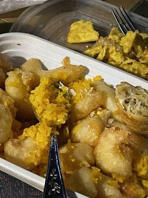 Coconut shrimp combo sliver-pen sized shells in rice clear lacquered? and scant teaspoon of coconut Egg roll mushy garlic Crab Rangoon
