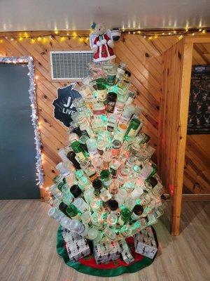 A booze bottle Christmas tree...