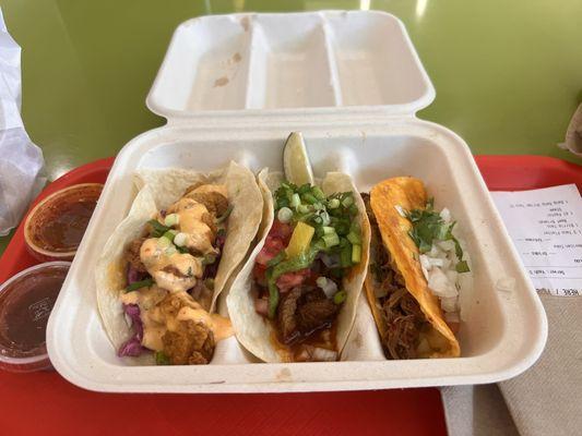 Bang bang shrimp taco Al pastor and birria trio. All amazing on their own but together the best trifecta.