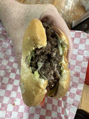 First bite into a huge double patty burger!