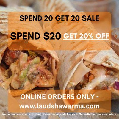 Spend 20 Get 20 Sale at laudshawarma.com