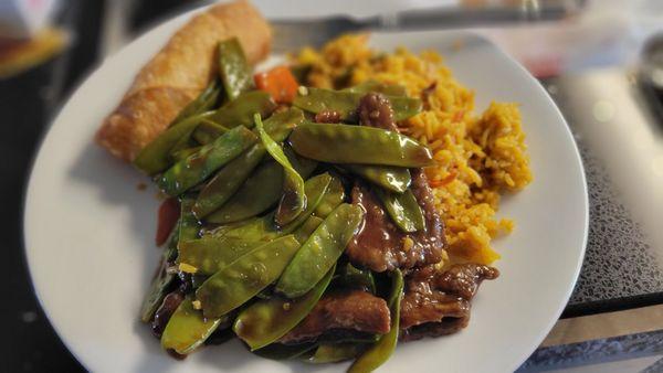 Beef and snow peas Fried rice Egg roll