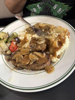Meatloaf: a little on the tough sude, salty. Vegetables are soggy and overcooked. Way too many mushrooms.