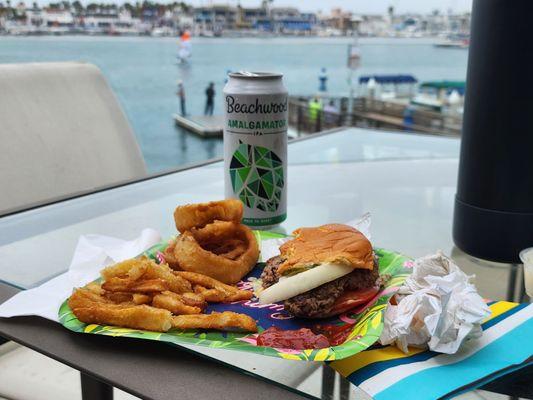 B-Boy burger, fries and onion rings