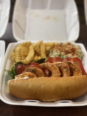 Vegan "shrimp" po boy with fries and potato salad