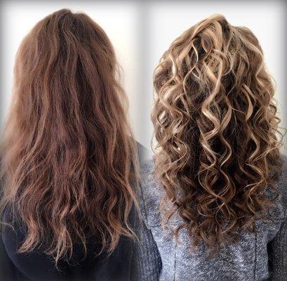 Hand painted highlights, custom curl rejuvenation