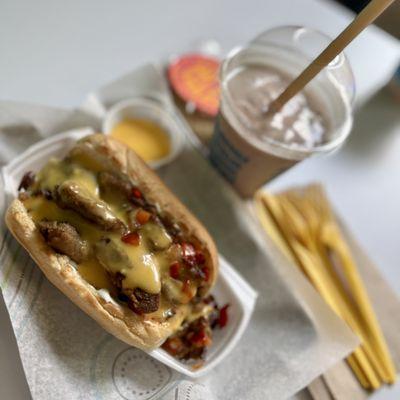 Philly Cheese"steak", Strawberry Shake and Peanut Butter Cookie! Everything was so filling!