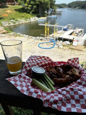 Wings and beer and lake view.