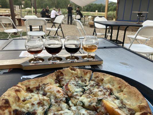 Peach pizza and beer flight