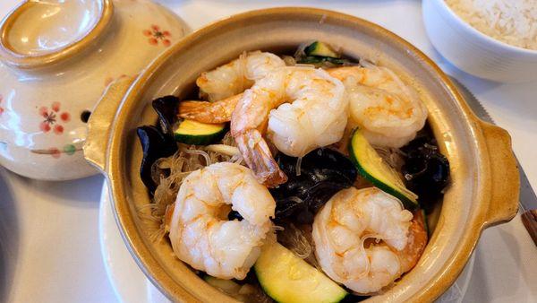 Goong Ob - jumbo shrimp with black mushrooms, ginger, and glass noodles.