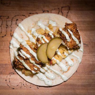 Fried Chicken Mac n Beer Cheese Taco