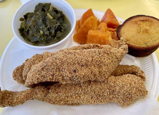 Best Southern fried catfish I have had in a very long time. Greens & sweet potatoes too!
